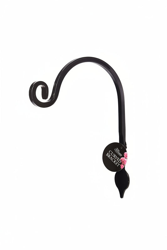 Black decorative hook with a floral design on a white background