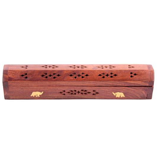 Wooden incense holder with elephant designs on a white background