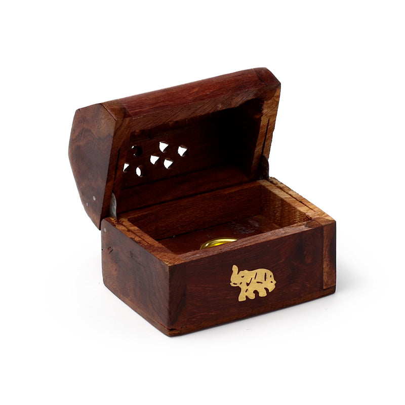 Wooden jewelry box with a gold emblem on a white background