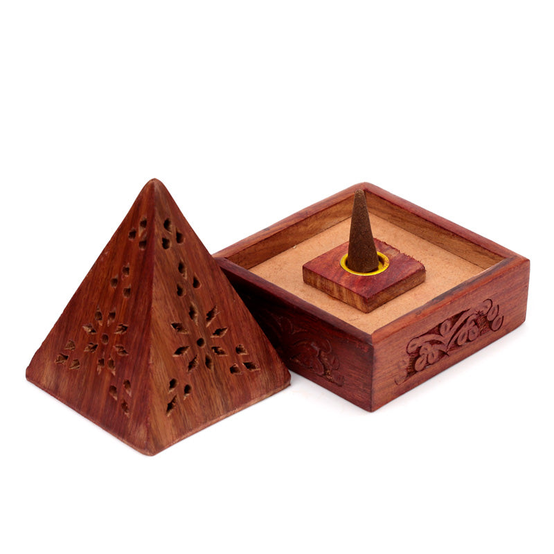 Wooden pyramid incense burner with a matching box on a white background