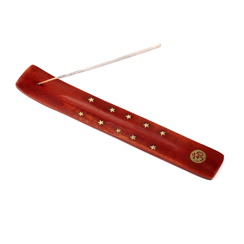 Wooden incense holder with star designs and a brand logo on a white background
