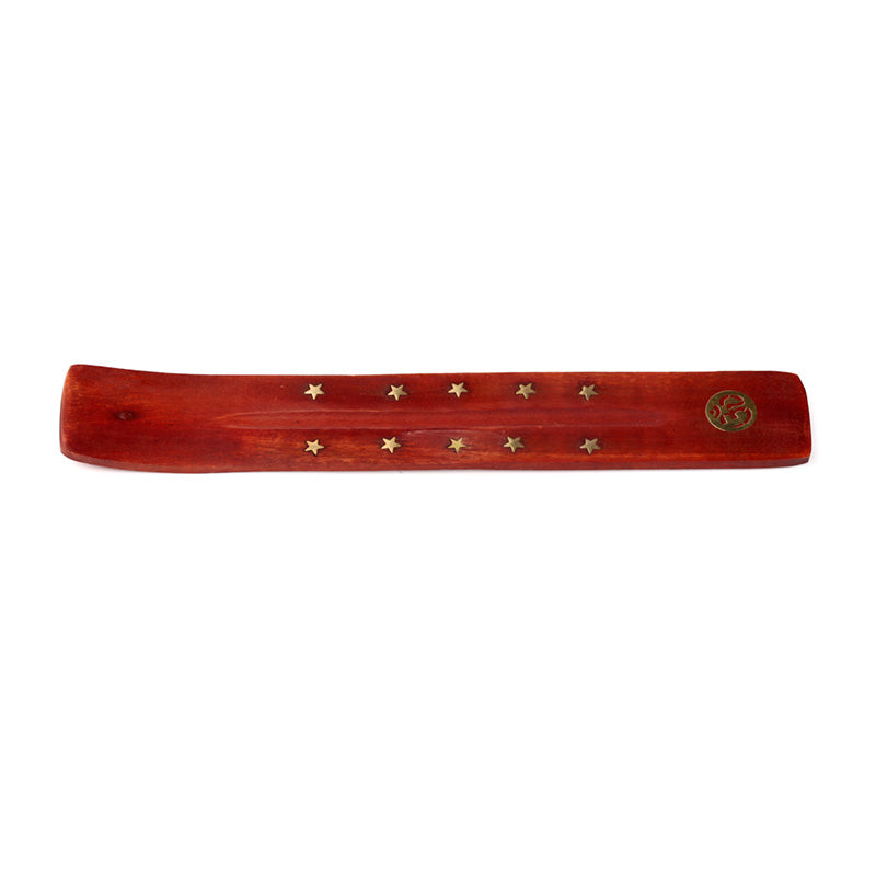 Wooden incense holder with star designs and a brand logo on a white background