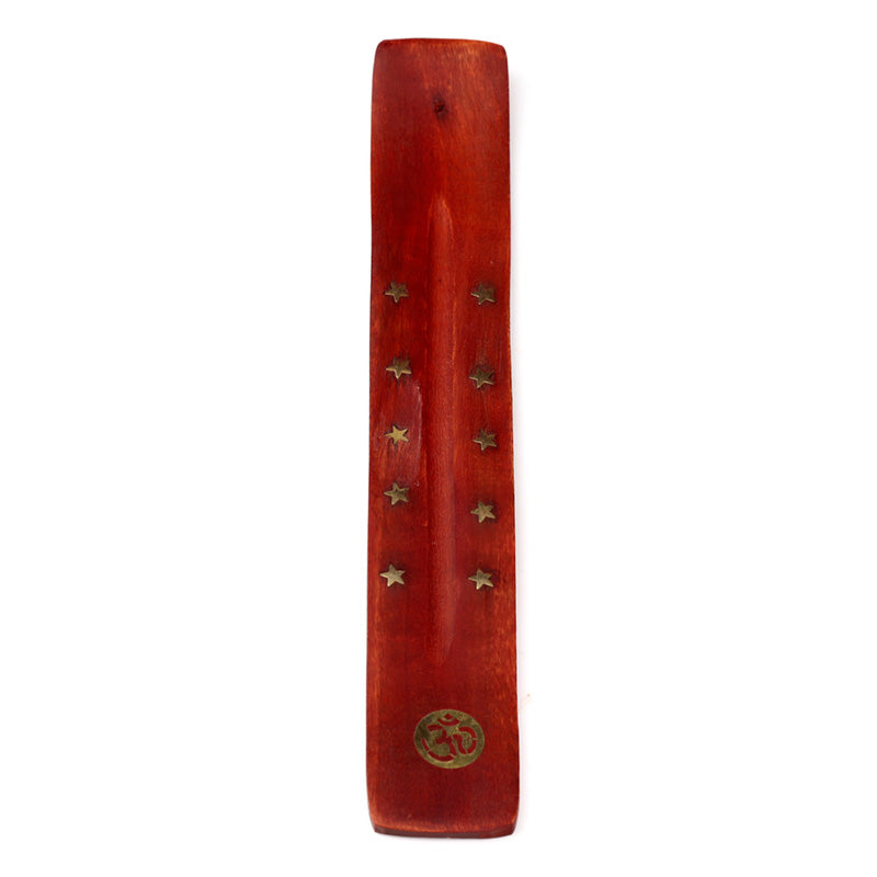 Wooden incense holder with star-shaped holes on a white background