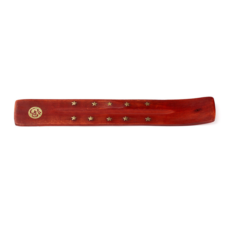 Red wooden incense holder with gold stars and a symbol on a white background