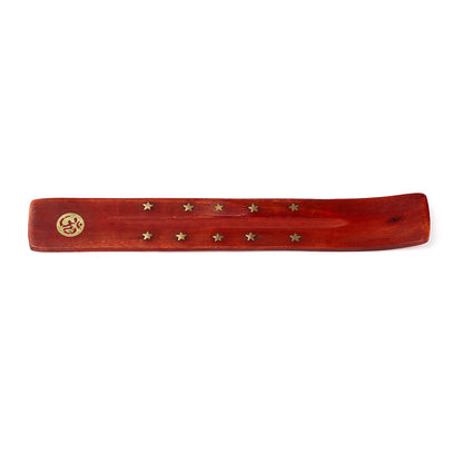 Red wooden incense holder with gold stars and a symbol on a white background