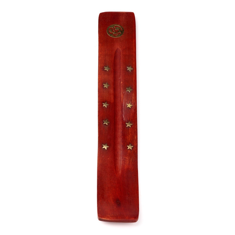 Wooden incense holder with star designs and a brand logo on a white background