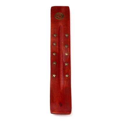 Wooden incense holder with star designs and a brand logo on a white background