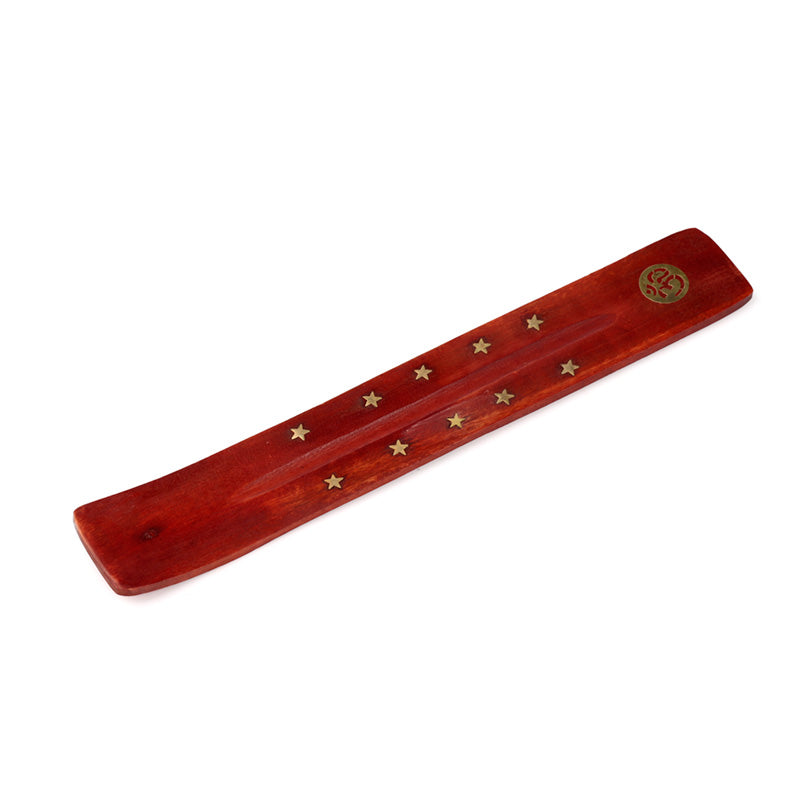 Red incense holder with gold stars and a symbol on a white background
