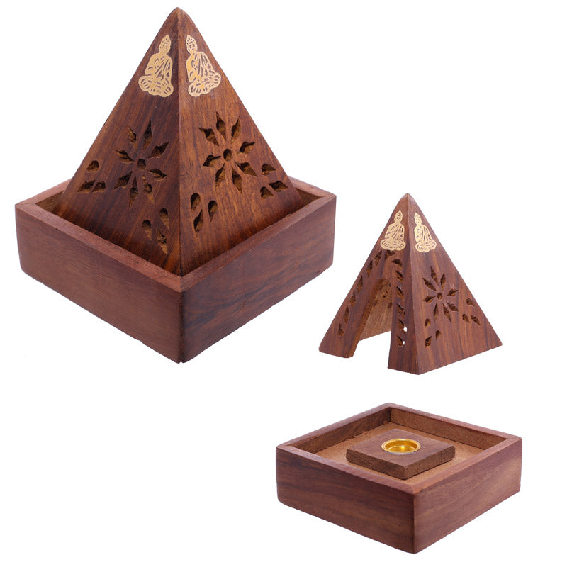 Wooden pyramid incense burner set on a white background