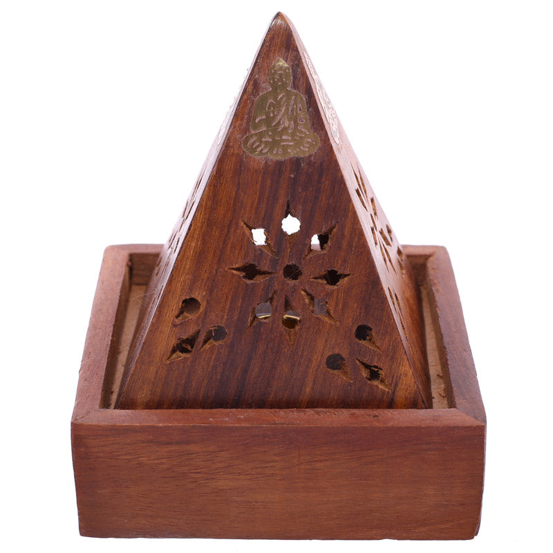Wooden pyramid incense burner with Buddha figure on a white background