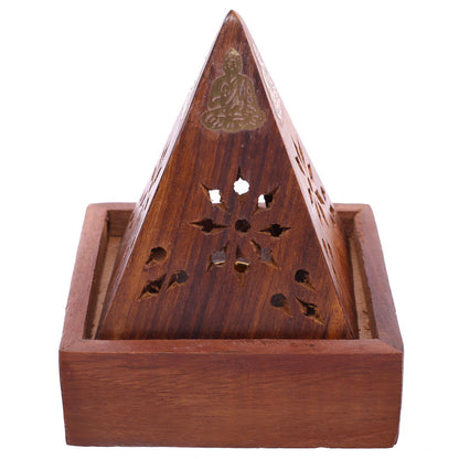 Wooden pyramid incense burner with Buddha figure on a white background