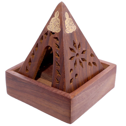 Wooden pyramid incense burner with decorative cutouts on a white background