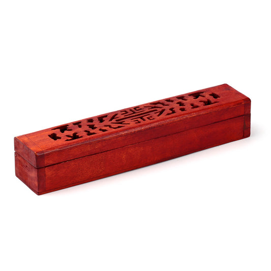 Red wooden incense box with intricate carvings on a white background