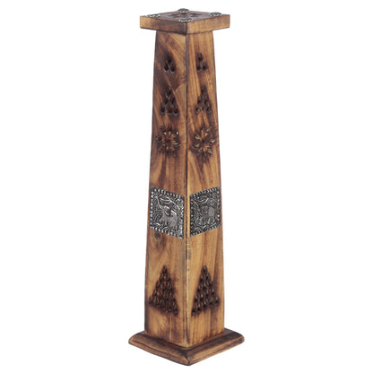 Decorative wooden column with metal accents on a white background