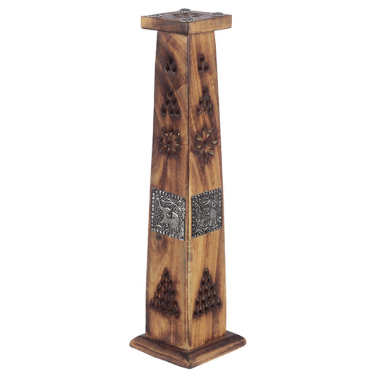 Decorative wooden column with metal accents on a white background