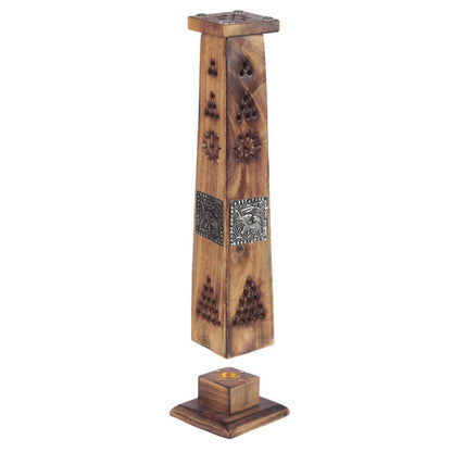 Wooden incense burner with decorative elements on a white background
