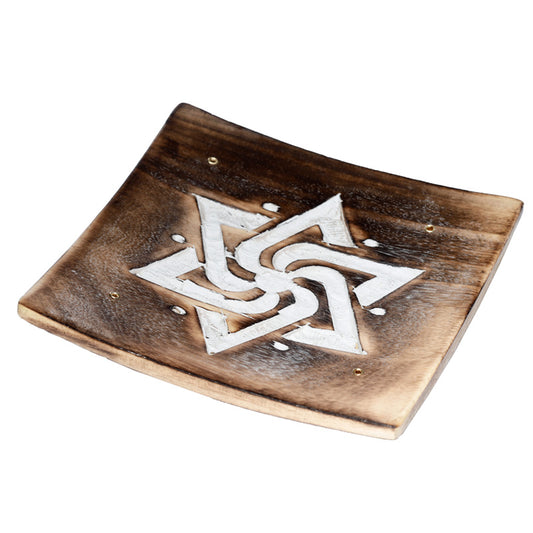 Mango Wood Square Carved Geometric Ash Catcher Incense Sticks Burner