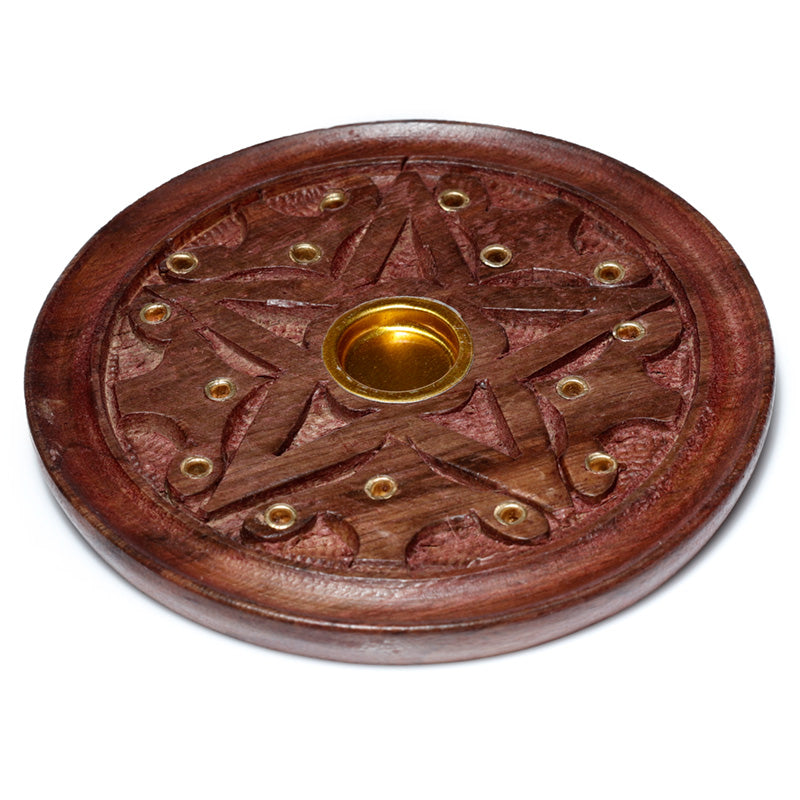 Wooden incense burner with star design and gold accents on a white background