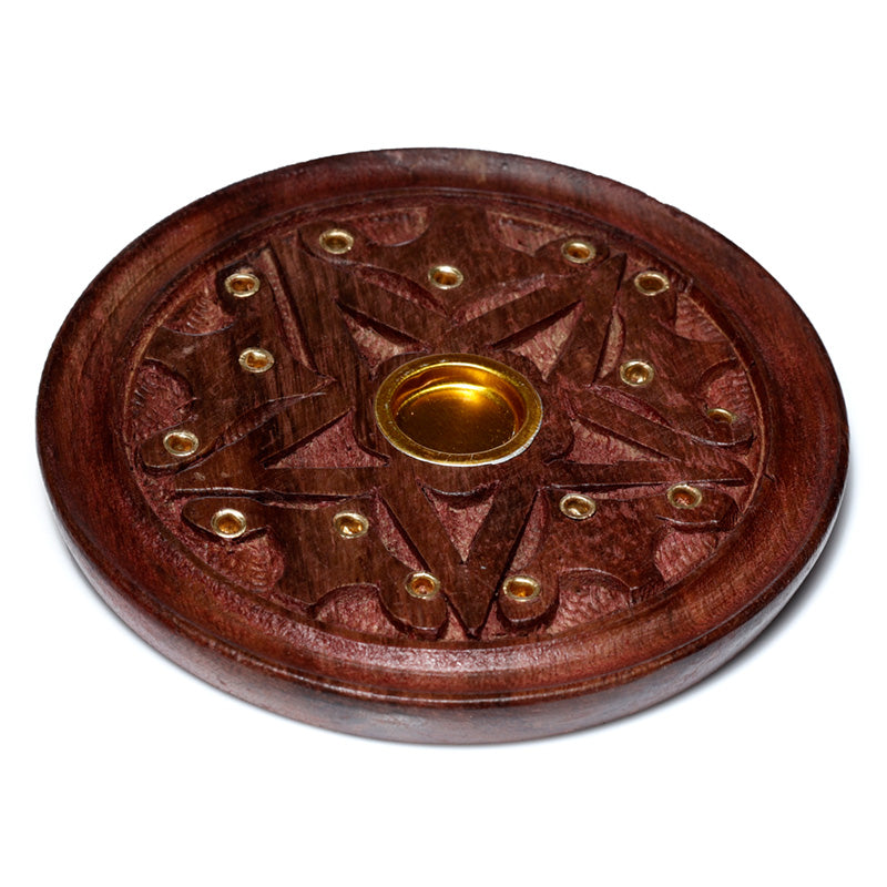 Wooden incense burner with star design and gold accents on a white background