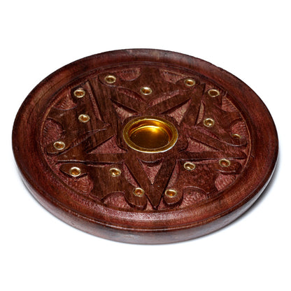 Wooden incense burner with star design and gold accents on a white background