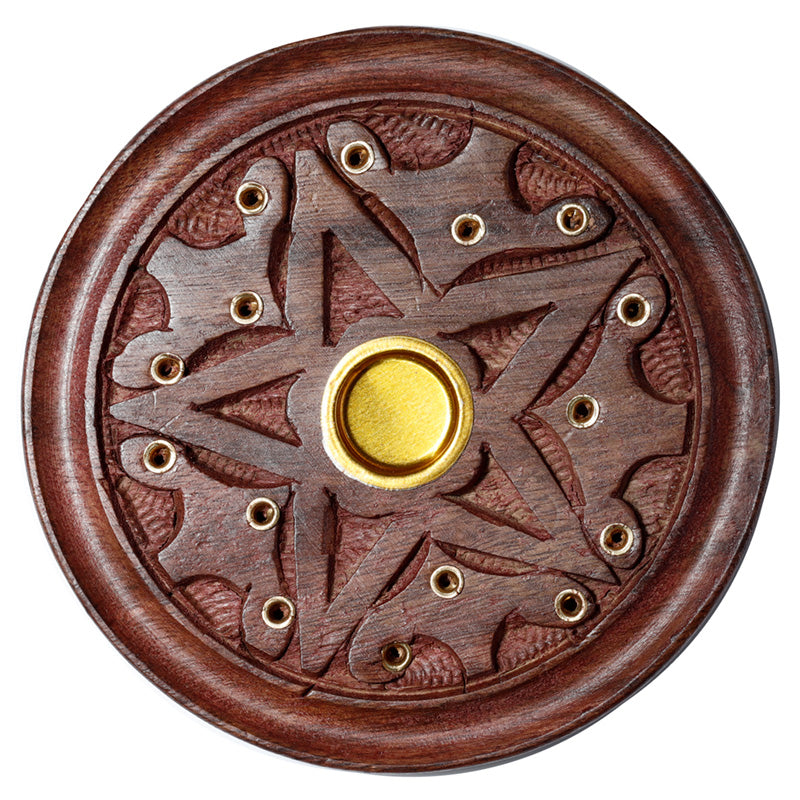 Wooden incense burner with star design and gold accents on a white background