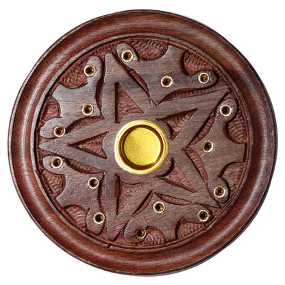 Wooden incense burner with star design and gold accents on a white background