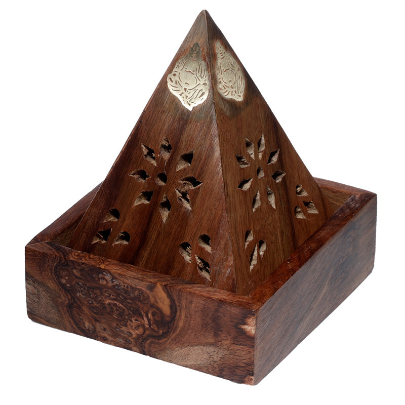 Wooden pyramid incense burner with decorative top on a white background