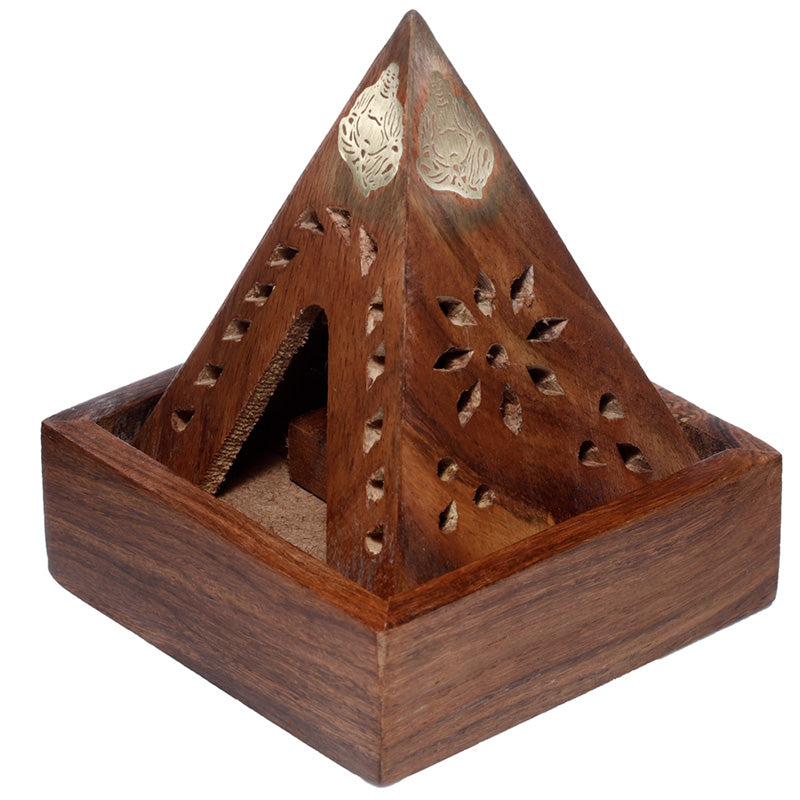 Wooden pyramid incense burner with decorative top on a white background