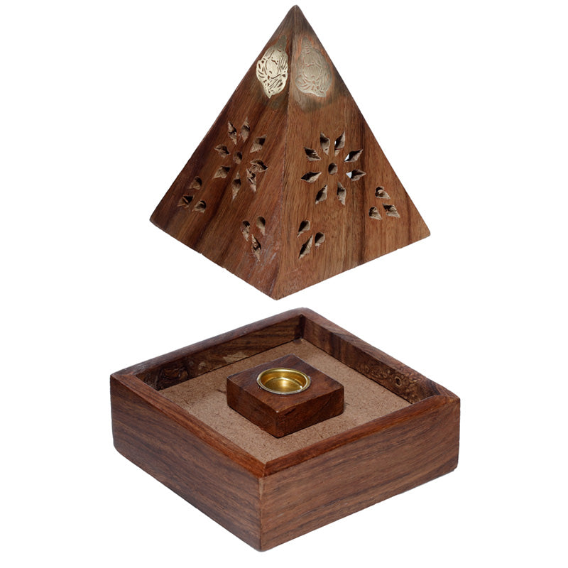 Wooden pyramid incense burner with decorative top on a white background
