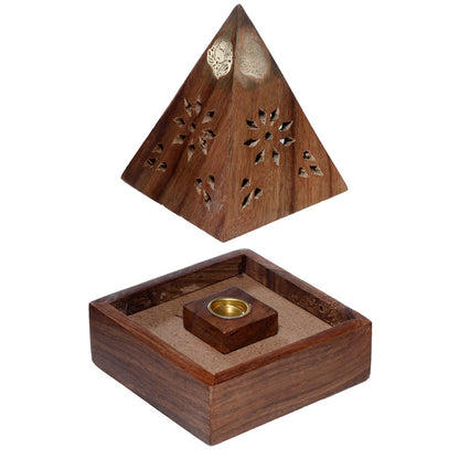 Wooden pyramid incense burner with decorative top on a white background
