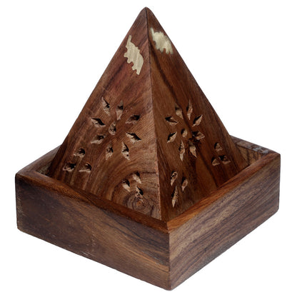 Wooden pyramid incense burner with intricate designs on a white background
