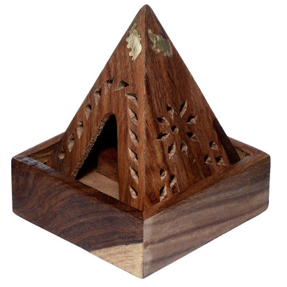 Wooden pyramid incense burner with intricate designs on a white background