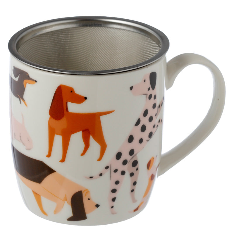 Mug with dog illustrations and a metal filter on a white background