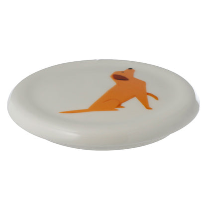 White frisbee with orange dog illustration on a white background