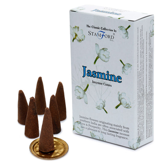 Stamford Jasmine incense cones with packaging on a white background