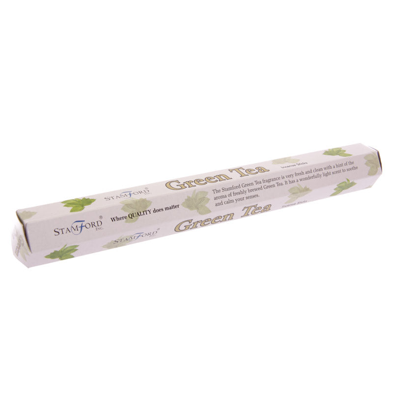 Roll of Stamford Green Tea incense packaging on a white background