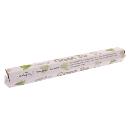 Roll of Stamford Green Tea incense packaging on a white background