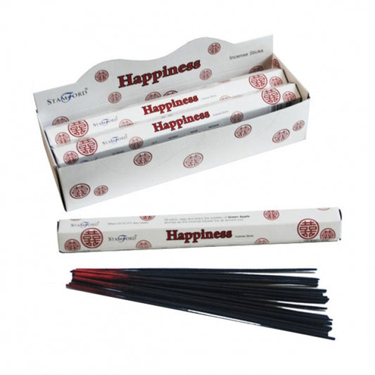 Box of 'Happiness' incense sticks with a single stick displayed in front on a white background