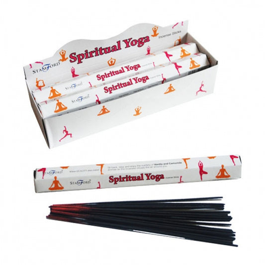 Box of Spiritual Yoga incense sticks with a few sticks displayed in front on a white background