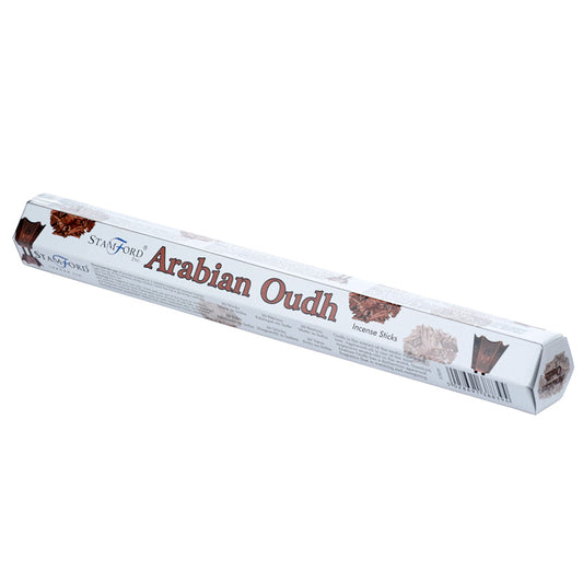 Pack of Stamford Arabian Oudh incense sticks on a white background