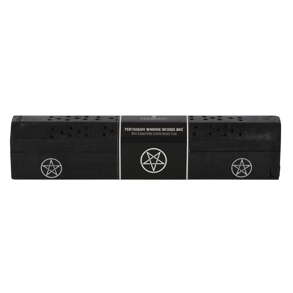 Black pentagram incense burner with white symbols on a white background