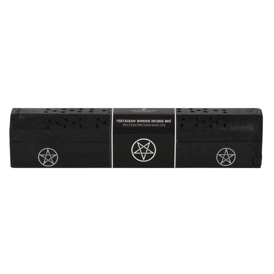 Black pentagram incense burner with white symbols on a white background