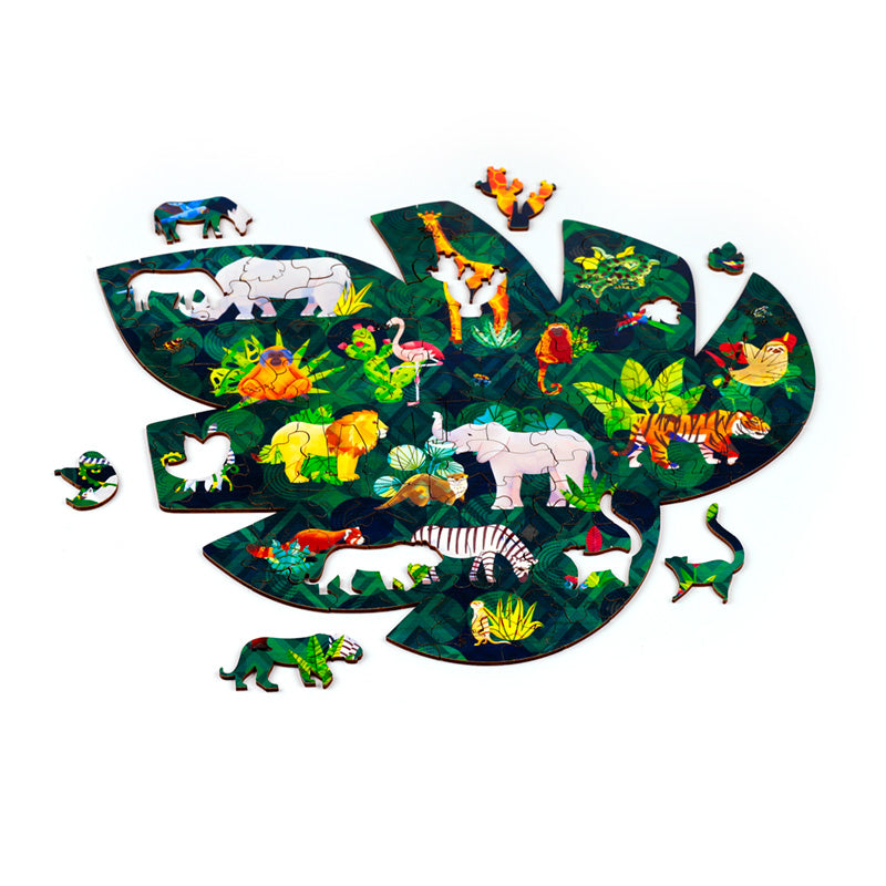 Jungle-themed puzzle with animal pieces on a white background