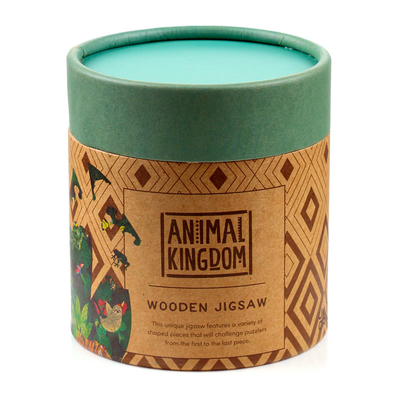  cylindrical packaging of Animal Kingdom wooden jigsaw with green lid and brown label