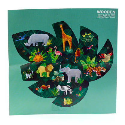 Wooden jigsaw with animal illustrations on a green background