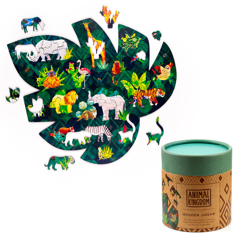 Children's animal-themed wooden puzzle with packaging on a white background