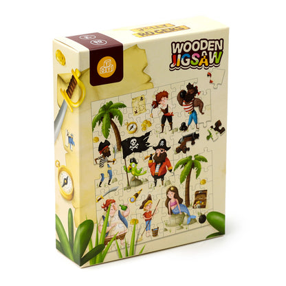 Wooden jigsaw puzzle box with pirate-themed illustration on a white background