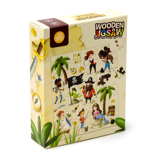 Wooden jigsaw puzzle box with pirate-themed illustration on a white background