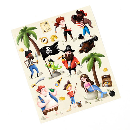 Pirate-themed jigsaw with various characters and elements on a white background