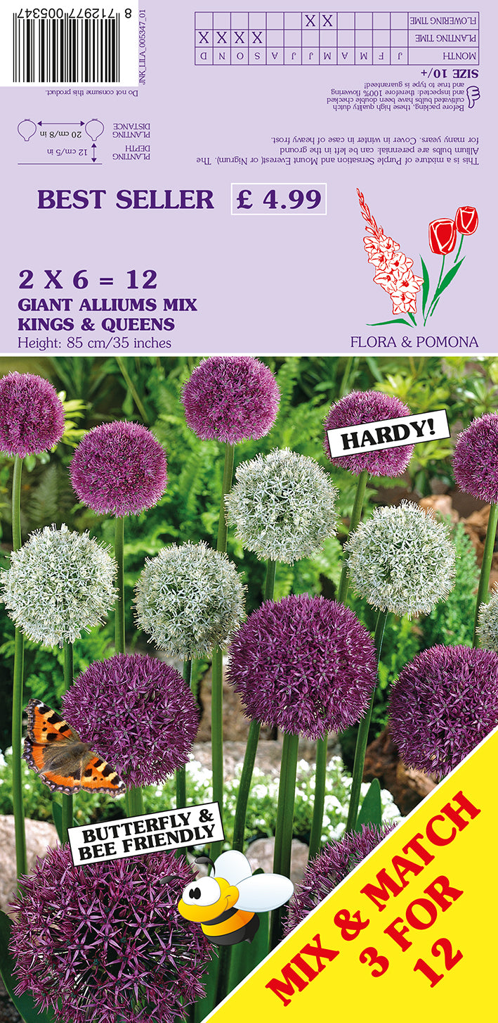 Seed packet for Flora & Pomona 'Flower Power' Giant Alliums Mix, featuring a purple background with illustrations of purple, white, and green alliums, a butterfly, a bee, and a yellow diagonal banner reading 'MIX & MATCH 3 FOR 12'.